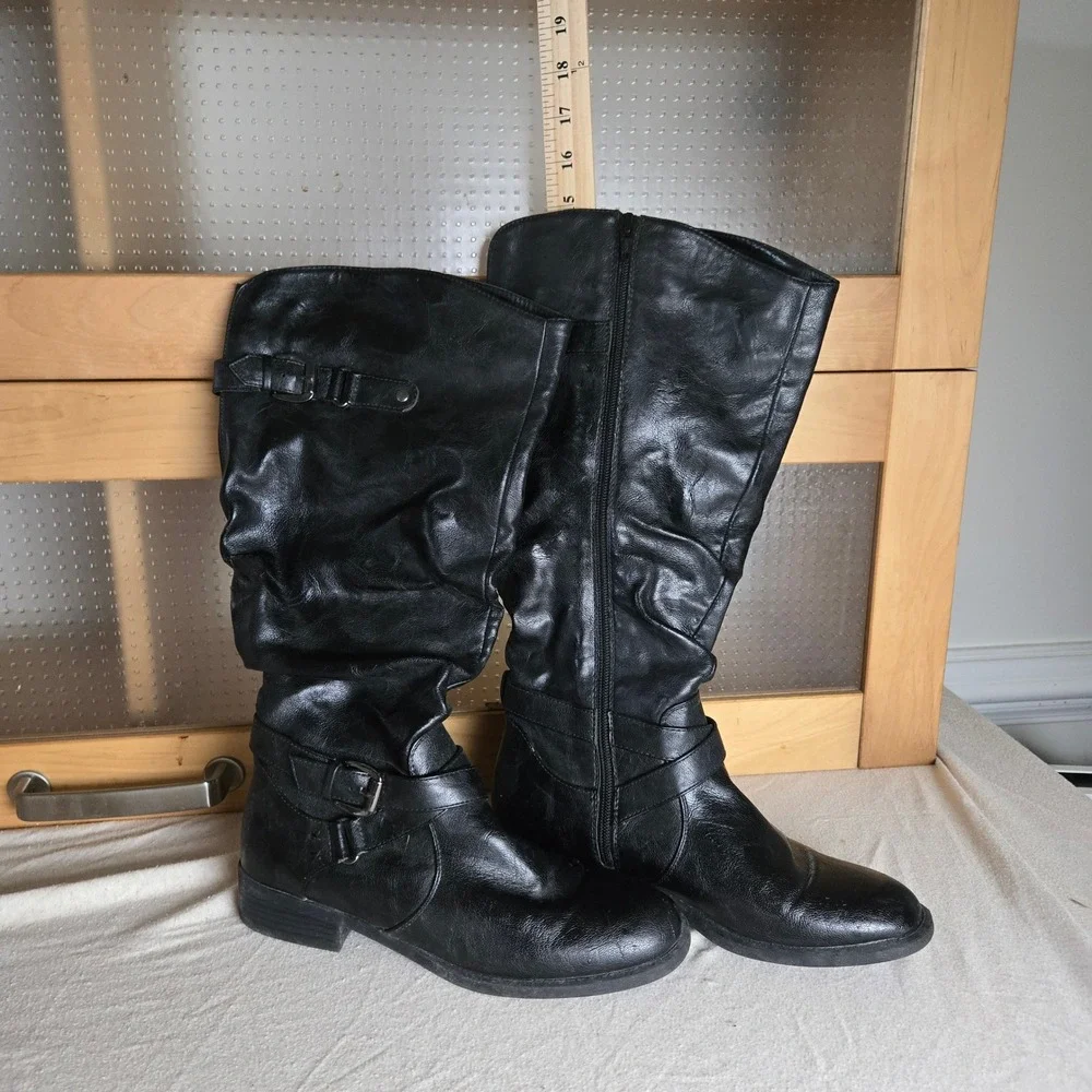 White Mountain Lancelot Tall Boots Womens 8M-WC Black Slouchy Buckle Moto